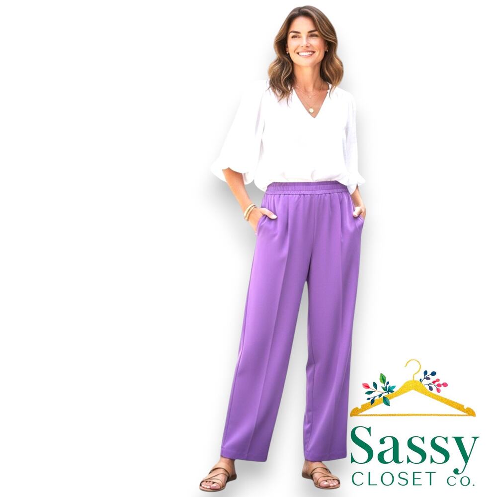✨ Patchington Purple Pull On Trouser Pants M EUC High Rise Crease Pocket 💜